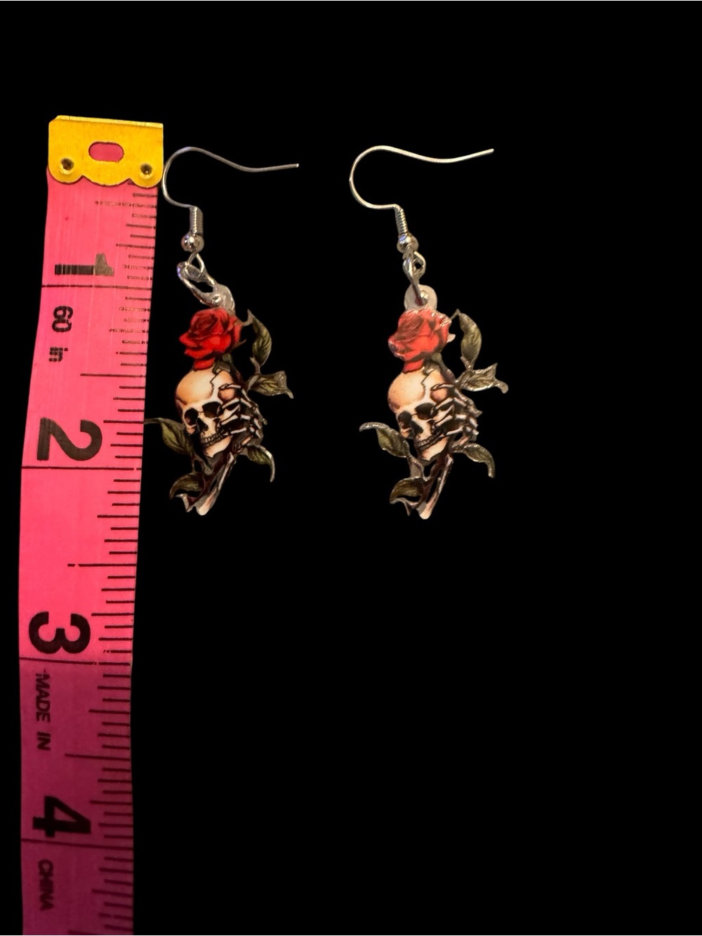Skull & Red Rose Double Sided Acrylic Gothic Dangle Earrings - Picture 5 of 5